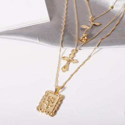 China Wholesale New Fashion Multi Cross Rose Pendant Necklace CLASSIC 3 Layer Chains Gold Necklaces for sale