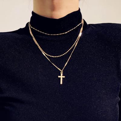 China Fashionable Wholesale Alloy Gold Layered Cross Pendant Necklace Women Ladies Fashion Choker Necklace for sale