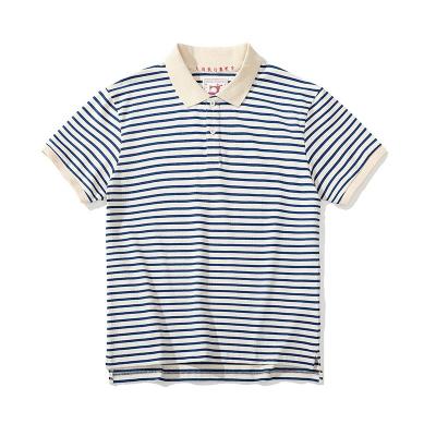 China Anti-wrinkle high quality 300g cotton vintage classic men's lapel short sleeve striped POLO Shirt Navy T-shirt for sale