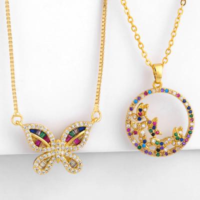 China HOVANCI European 18k Gold Rainbow Colored Cubic Zircon Round Butterfly Necklace Environmental Friendly Butterfly Pendant Necklace for sale