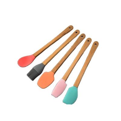 China A3061Mini Sustainable color5Piece Cooking Tool Set Wooden Handle Spatula Silicone Scraper Kids Small Kitchenware Made From Silicone for sale