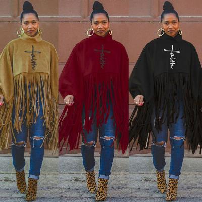 China Anti-wrinkle Anti-wrinkle Winter Jacket Woman Plus Loose Faith Printed Scarf Winter Cape For Women Good Quality Deep Fringe Women's Elegant Cape Coat for sale