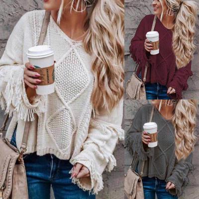 China Anti-Wrinkle Autumn Women Solid Color Anti-Wrinkle Tassels Flare Sleeves Knitted Sweater Pullover V-Neck Loose Sweater Outwear Women Pullover Sweaters for sale