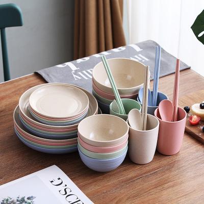 China Wheat Straw Family Sustainable Dinnerware Set Plate+cup+spoon 28 Pcs Strong And Durable Plastic Cookware Sets Dinnerware Set Can Be Customized for sale