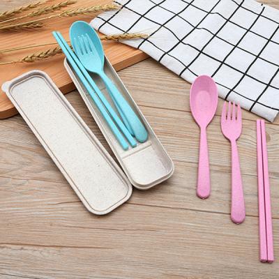 China Amazon Wheat Viable Straw Tableware Three-Piece Set Chopsticks Fork Spoon Gifts Student Promotional Travel Portable Cutlery Set for sale