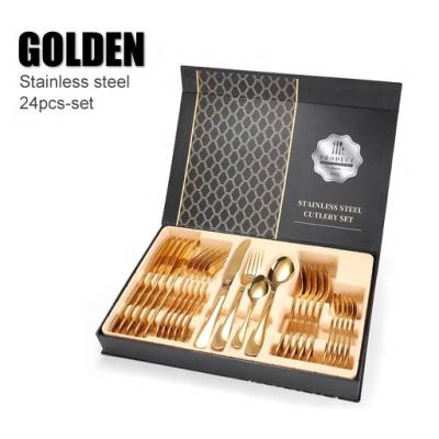 China Sustainable Amazon Top Sale 1010 Stainless Steel Dinnerware 24 Pieces Set Knife Gold Spoon Fork Cutlery Gift Box Western Style Set for sale