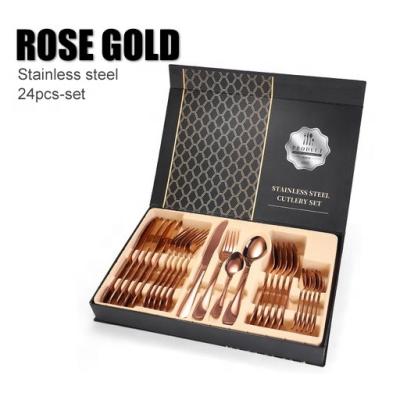 China Sustainable Amazon Top Sale 1010 Stainless Steel Dinnerware 24 Pieces Set Rose Gold Gift Box Cutlery Spoon Fork Knife Western Style Set for sale