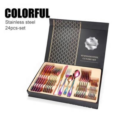 China Sustainable Amazon Top Sale 1010 Stainless Steel 24 Piece Dinnerware Set Colorful Knife Fork Spoon Gift Box Western Style Cutlery Set for sale