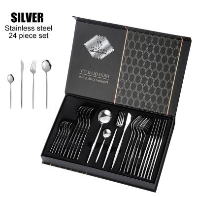 China Viable Stainless Steel Cutlery Set 24pcs Flatware Set Spoon Knife Fork Dinnerware Set Silver Gift Box Small MOQ Can Be Customized for sale