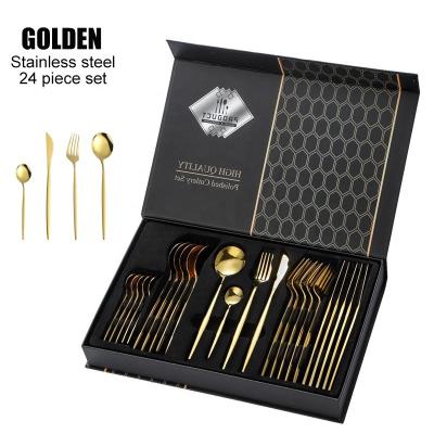 China Stainless Steel Flatware Set 24pcs Gold Flatware Set Gold Spoon Fork Dinnerware Set Viable Small MOQ Gift Box Can Be Customized for sale