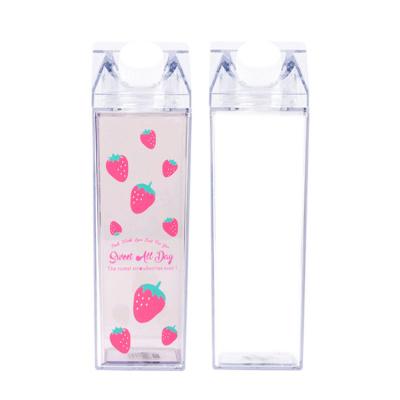 China Stocked 2022 New 500ml BPA Free Plastic Square Milk Cartoon Transparent Sports Kids Water Cup Transparent Acrylic Water Bottle for sale