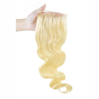 China 130% smoothest hair density body wave chian 4X4 lace up closure 613 blonde hair lace closure for sale