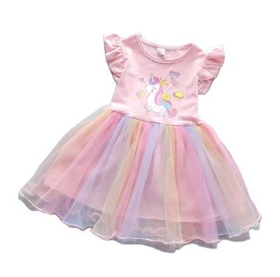 China 2022 Summer Breathable Girls Dress Colorful Cartoon Love Unicorn Princess Dress Girl Rainbow Mesh Vest Dress for sale