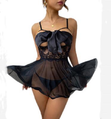 China Anti-wrinkle black sexy women's pajamas lace up sexy costume women's nightgown mesh nightgown bow nightclub temptation ballroom party dress for sale