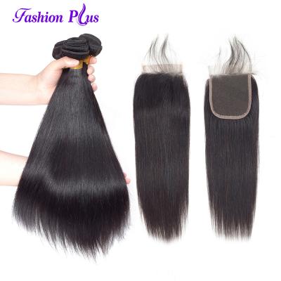 China Virgin Peruvian Silky Straight Human Hair Medium Free Wave Part Lace Closures Three Bundles Brazilian Straight Hair 3 Bundles With Closure for sale