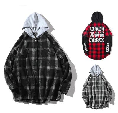 China 2021 Casual Streetwear Flannel Shirts Anti-pilling Plaid Shirts Men Long Sleeve Vintage Hooded Cotton Shirts With Hoodi for sale