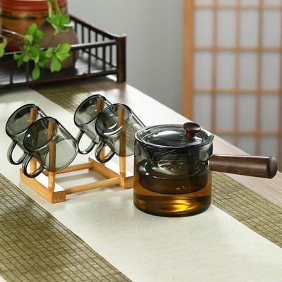 China Sustainable Smoky Grey Thickened Heat-resistant Glass Teapot With Cups Set With Wooden Handle for sale