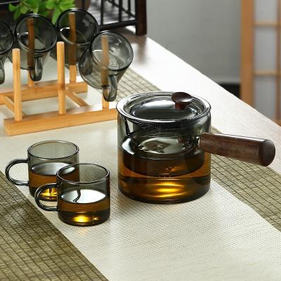 China Sustainable Hot sale wood Handle Heat Resistant glass flower teapot set With Strainer for sale