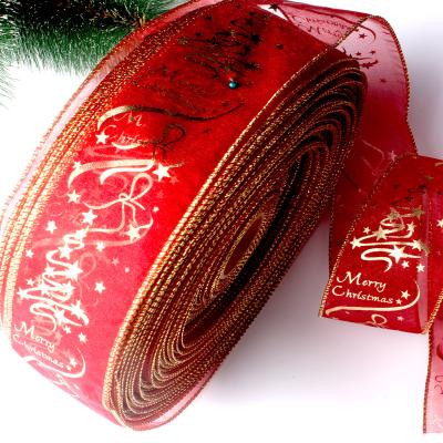 China Eco Fridendly New Arrival Christmas Tree Ornaments Red Printed Net Ribbon Decoration Yarn Ribbon for sale