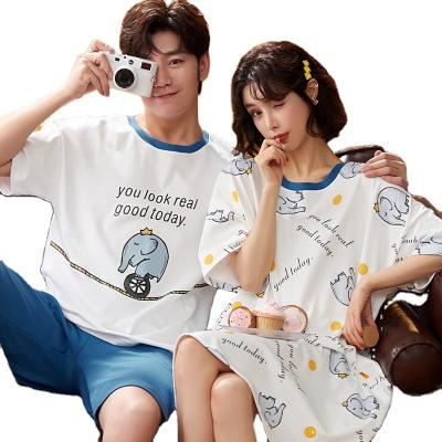 China Pure Breathable Cartoon Cotton Couples Pajamas Two Set Round Neck Cotton Women's Nightgown Summer Pajamas for sale