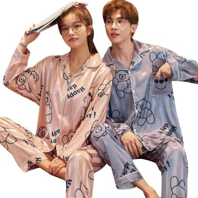 China 2022 couple print QUICK DRY pajamas ice silk long sleeved home clothes set women summer pajamas for sale