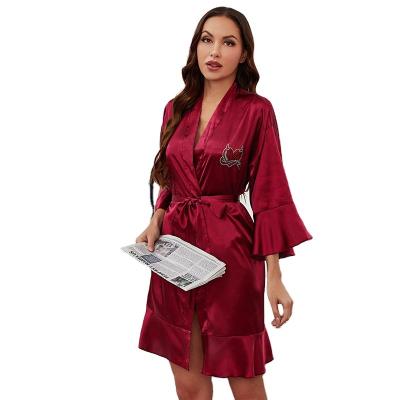 China Solid color sexy satin leisure summer QUICK DRY women's long robe medium long robe sleepwear for sale