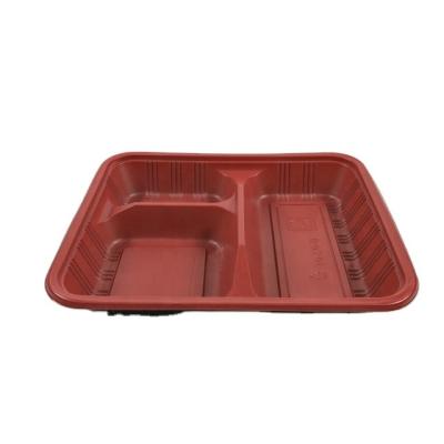 China Microwavable Environmental Protection Reddish Black Rectangular Meal To Go 3 Compartment Disposable Plastic Takeout Take Out Box Fast Food Containers for sale