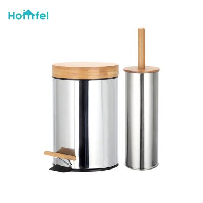 China Home Bamboo Trash Can And Lid Toilet Soft Narrow Pedal Brush Round Shape Silver Stainless Steel for sale