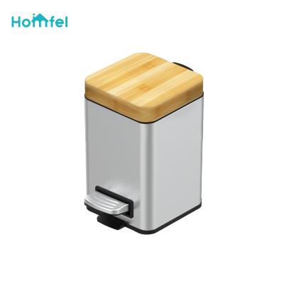 China Stainless Steel 3L Entry Level Bucket Home Bathroom Pedal Rectangular Square Bamboo Lid Trash Can Base Soft Narrow Interior Kitchen for sale