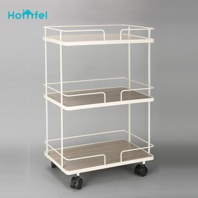 China Storage 3 Tier Rolling Utility Cart With Wheels With Wooden Organizer Adjustable Trolley Cart Cart With Handle For Hom for sale