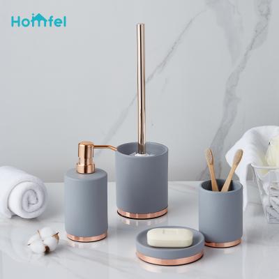 China Sustainable Bathroom Sets Toilet Brush Holder Soap Dispenser Tumbler Soap Dish Linear Shape Concrete With Color Coating for sale