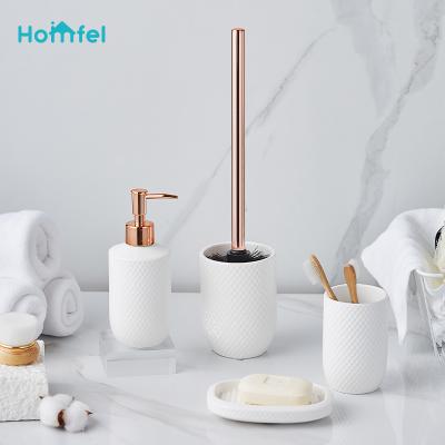 China Sustainable Bathroom Products Sets Toilet Brush Holder Soap Dispenser Toothbrush Holder Soap Dish With Rhombic Pattern Sandstone for sale