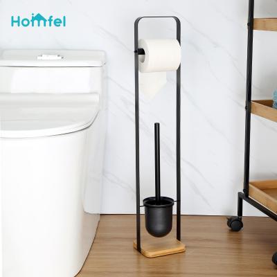 China Sustainable Bathroom Toilet Paper Holder Toilet Brush Holder With Base Bamboo Matt Black Bathroom Storage for sale