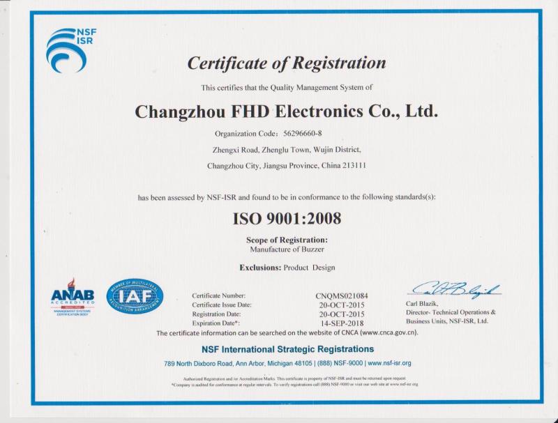 ISO9001：2008 - CHANGZHOU FHD ELECTRONICS CO.,LTD