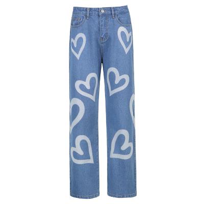 China New Vintage QUICK DRY Heart Printed Jeans Women High Waist Harajuku Jeans Aesthetic Denim Streetwear for sale