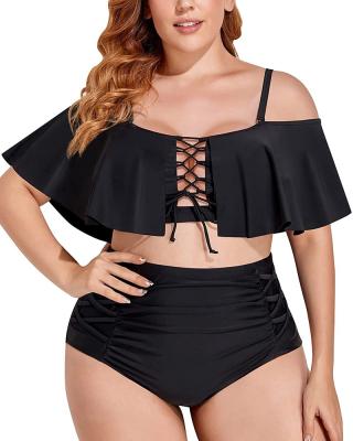 China Plus Size Plus Size Expected Bikini Top Off The Shoulder Lace Up Tummy Control Ruffle Two Piece Swimsuits Bathing Suits for sale