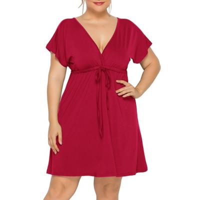 China Factory Breathable OEM Designs High Quality Plus Size Elastic Band To Close Waist Dress V-neck Casual Women Dress for sale