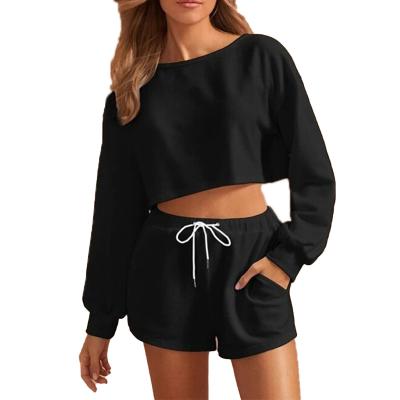 China Breathable Customized Casual Sports Sets Women's Short Loose Long Sleeve Sweatshirt And Comfortable Shorts for sale