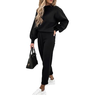 China European and American pure color casual fashion breathable custom long-sleeved sweater pants suit for sale