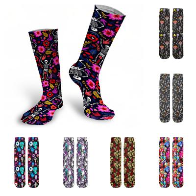 China Colorful Breathable Punk Floral Skull Cotton Compression Skateboard Socks Unisex Women's Medium Tube Socks for sale