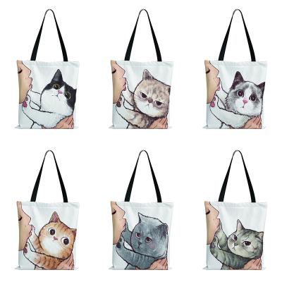 China Eco 3D Collapsible Cat Kiss Canvas Shopper Bag Cartoon Women Printed High Quality Cloth Tote Bag Women Shopping Shoulder Bag for sale