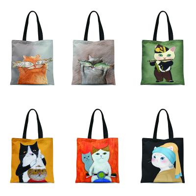 China 100% Cat Cartoon Oil Painting Canvas Handbag Retro Design Shoulder Bag Large Capacity Totes Shopping Bag Eco-friendly Creative Feminine Funny Girl for sale