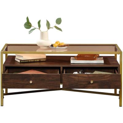 China Contemporary Home Gold Frame Adjustable Metal Glass Top Coffee Table (Other) With Two Storage Drawers for sale