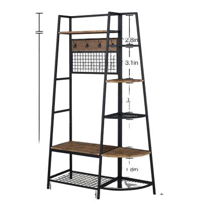 China Adjustable (Waist) Entryway Coat Rack With Storage Shoes Bench, Industrial Hall Tree With 5 Tier Storage Shelf for sale