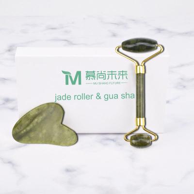 China Portable/cool/comfortable/double rolls in stock! 100% real jade jade roller anti-aging feng green jade skin care xiuyan jade roller for face with box for sale