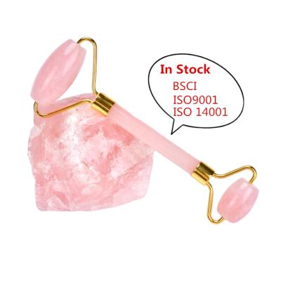 China Portable/cool/comfortable/double rolls in stock! Rose Quartz Facial Roller Head Wholesale Welding Rose Quartz Facial Massage Jade Roller for sale