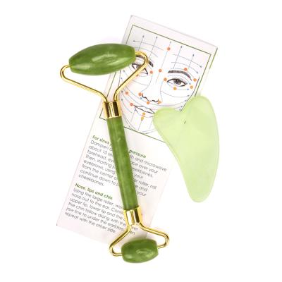 China Portable/cool/comfortable/double rolls in stock! green jade roller massager set for face, natural jade facial roller, jade guasha tools for sale