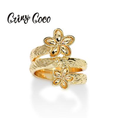 China Hawaiian Cring Coco Fashion Crystal Gold Plated Adjustable Pearl Enamel Jewelry Big Flower Rings Hawaiian Rings for sale