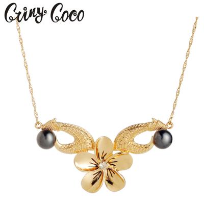 China Wholesale Hawaiian Pearl Hawaiian Flower Rhinestone Flower Necklace Dangle Geometric Cocos Cring Dish Dish For Women for sale