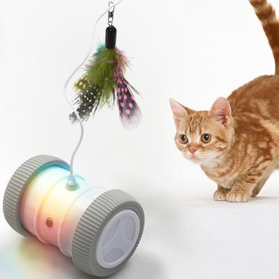 China Confirmed Pet Cat Toy USB Automatic Interactive Chasing Training Cat Teaser Auto Self Rolling Electric Rotating with LED and Feather Cat Toy for sale